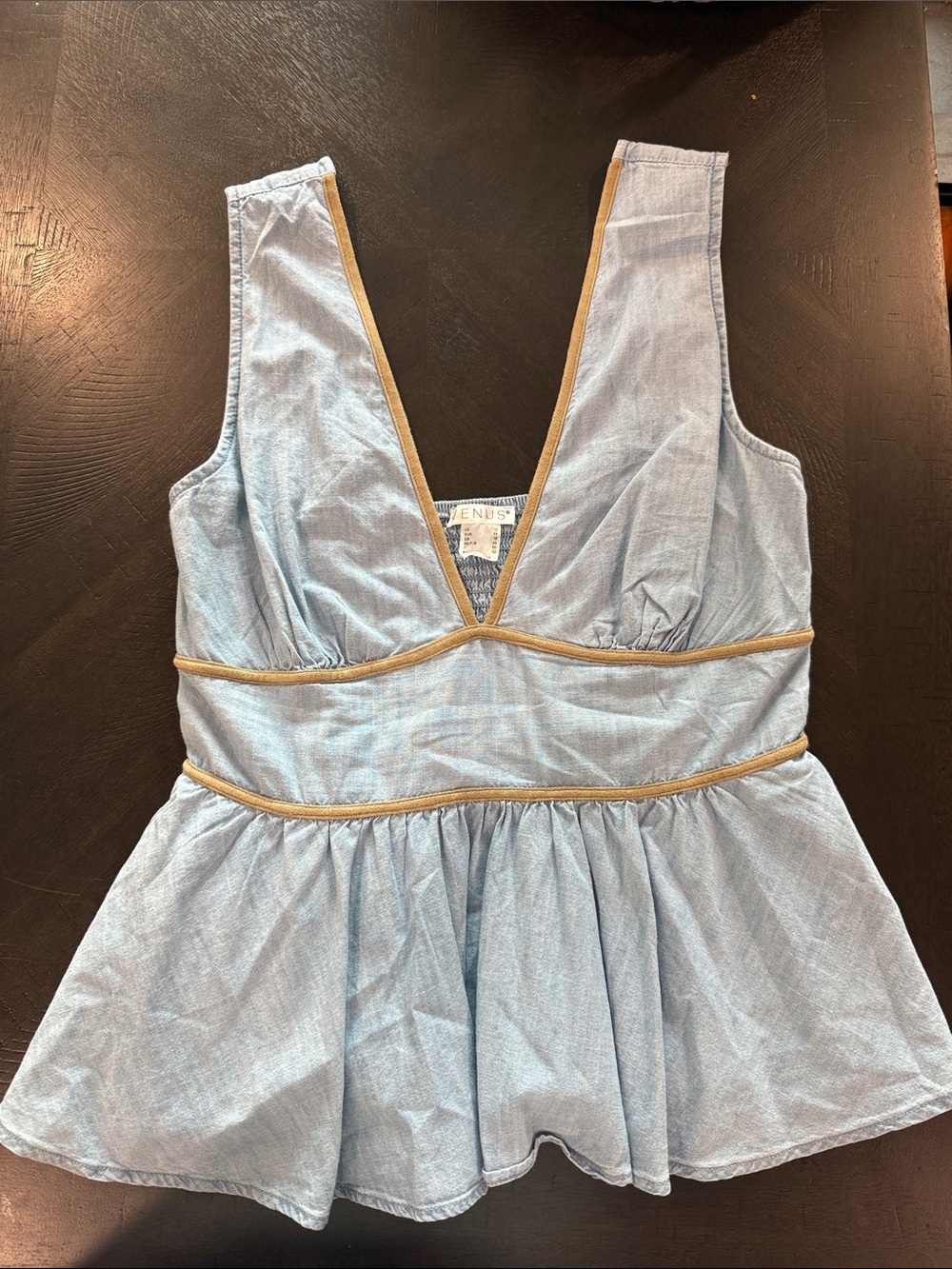 VENUS Light Blue V-Neck Top with Tan Trim